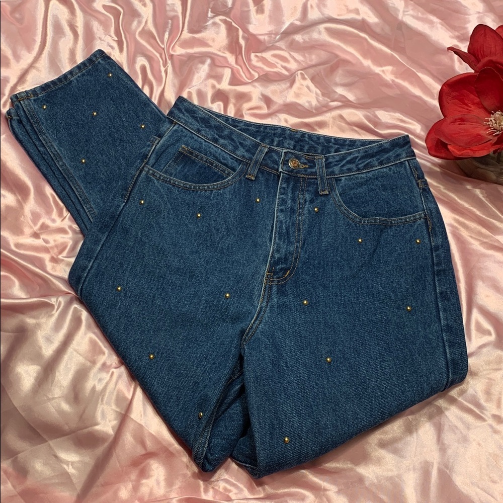 🌹VINTAGE Frederick's of Hollywood High Rise Denim Jeans w/Gold Stitching & Studs